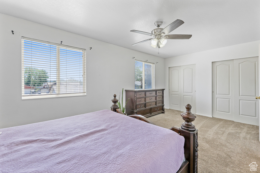 Carpeted bedroom featuring two closets, multiple windows, and ceiling fan