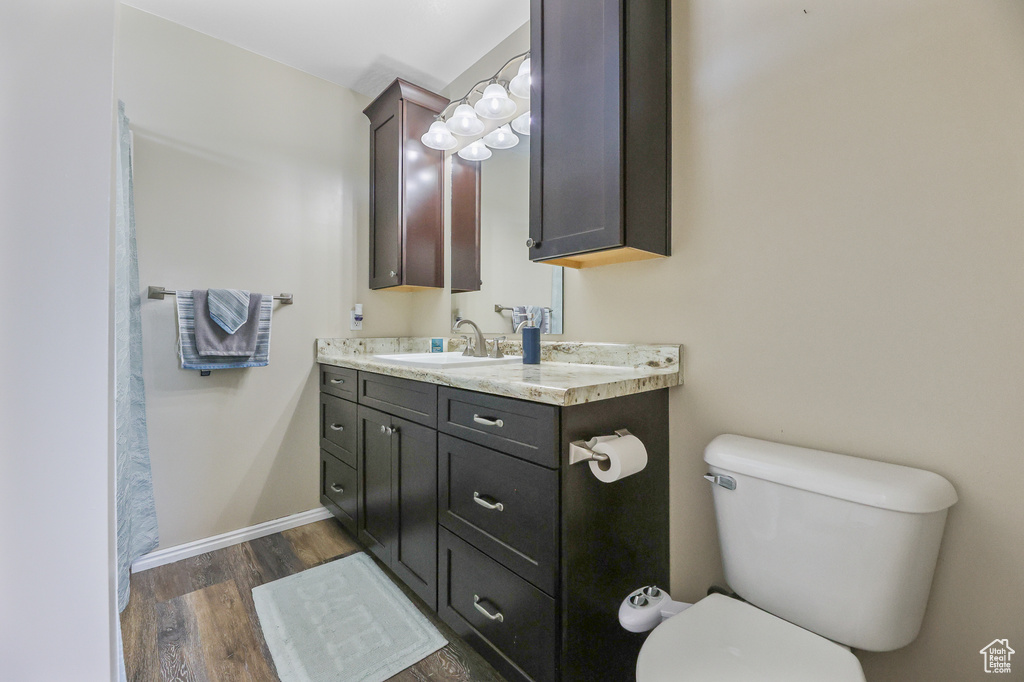 Bathroom with vanity, toilet, and hardwood / wood-style floors