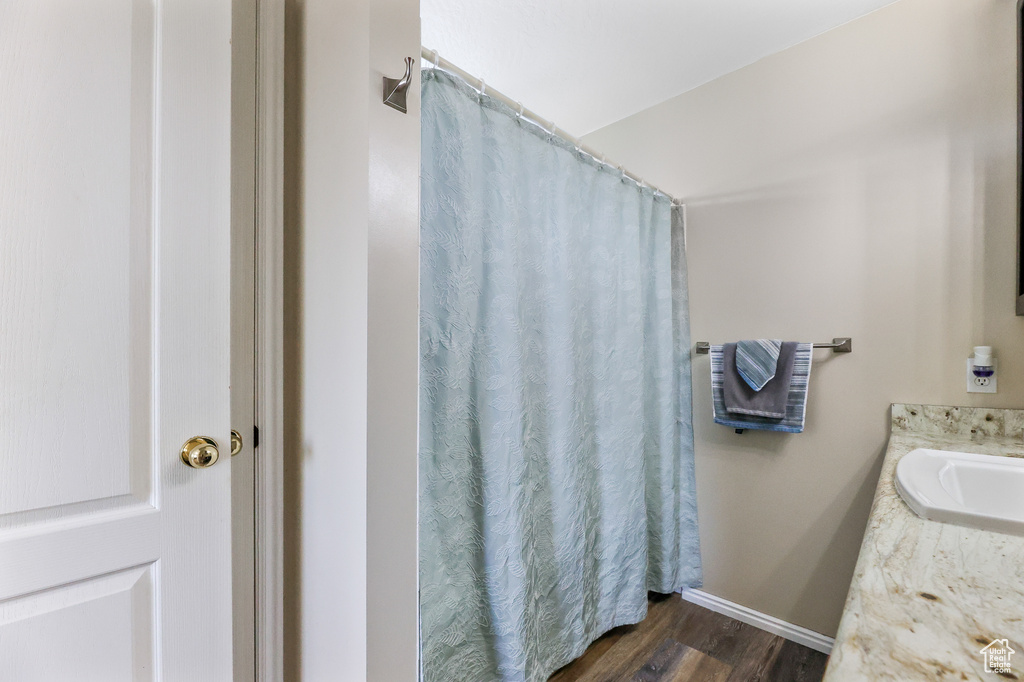 Bathroom with hardwood / wood-style flooring and vanity