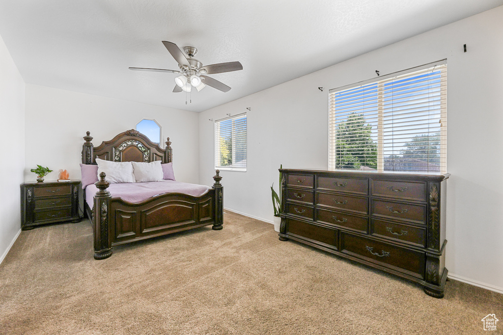 Carpeted bedroom with ceiling fan