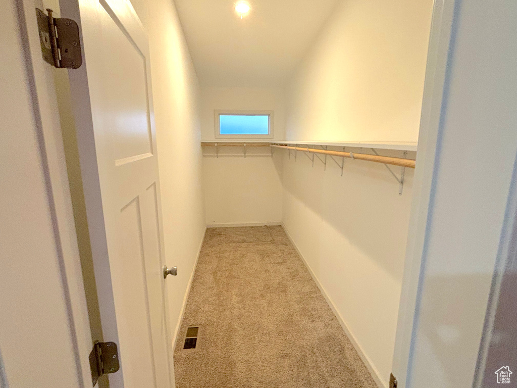 Spacious closet featuring light colored carpet