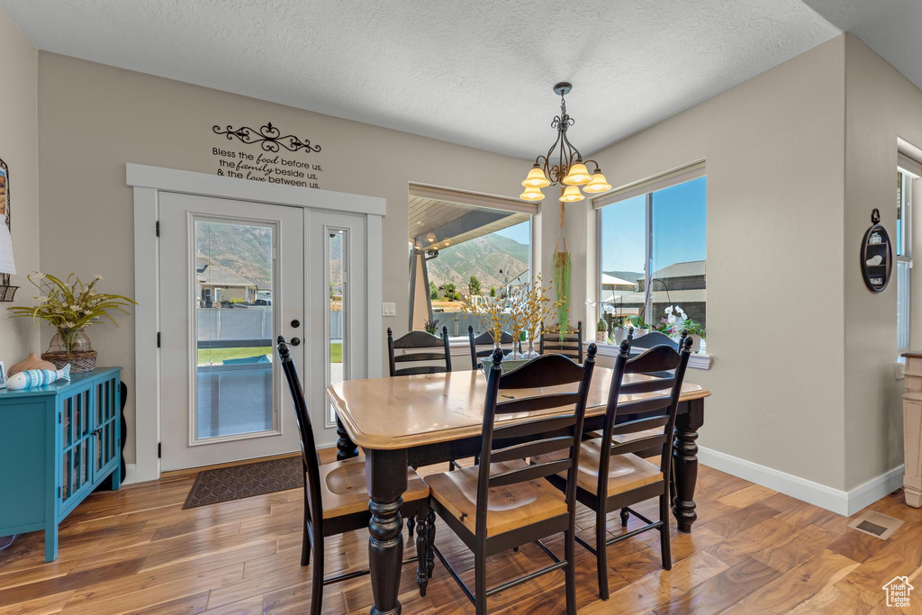 Dining room featuring an inviting chandelier, plenty of natural light, a textured ceiling, and hardwood / wood-style flooring