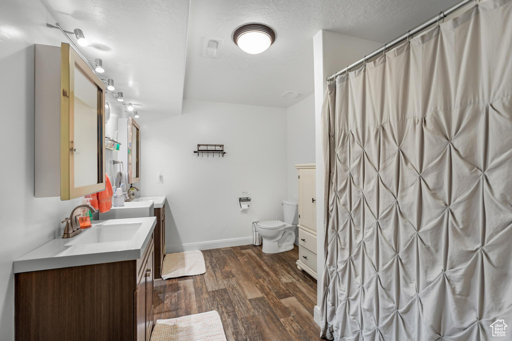 Bathroom featuring vanity, a textured ceiling, hardwood / wood-style flooring, and toilet