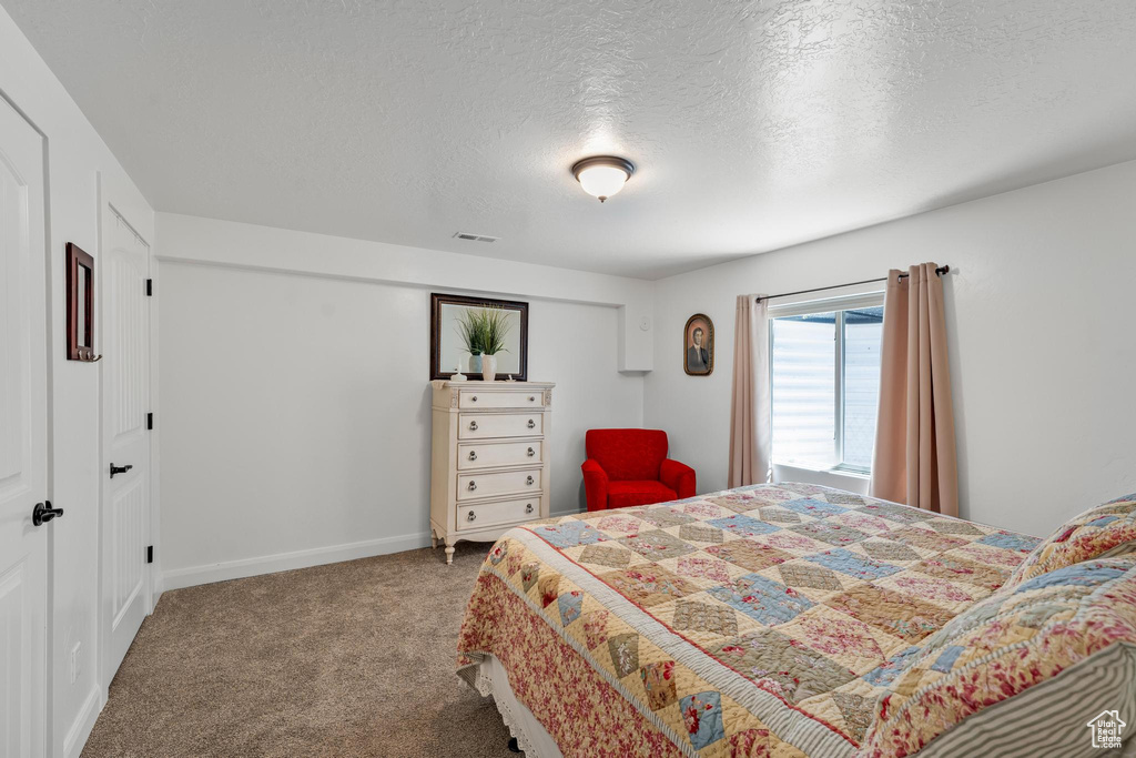 Bedroom with carpet flooring and a textured ceiling