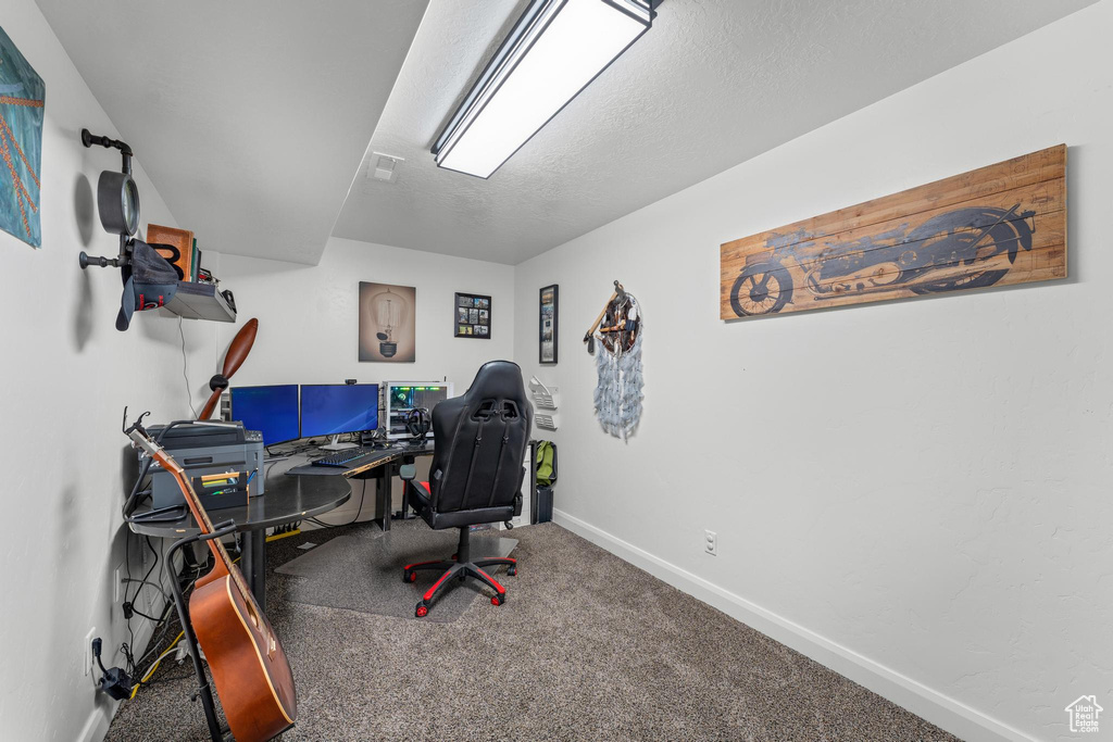 Carpeted office with a textured ceiling