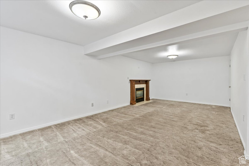 Basement featuring light carpet