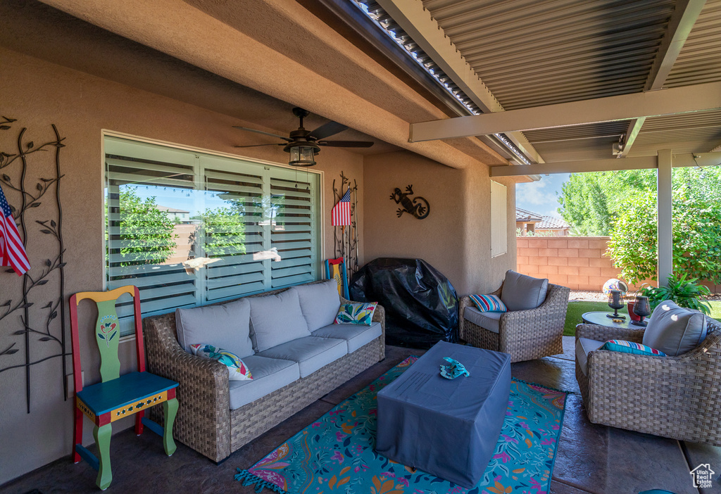 View of patio / terrace featuring outdoor lounge area, grilling area, and ceiling fan