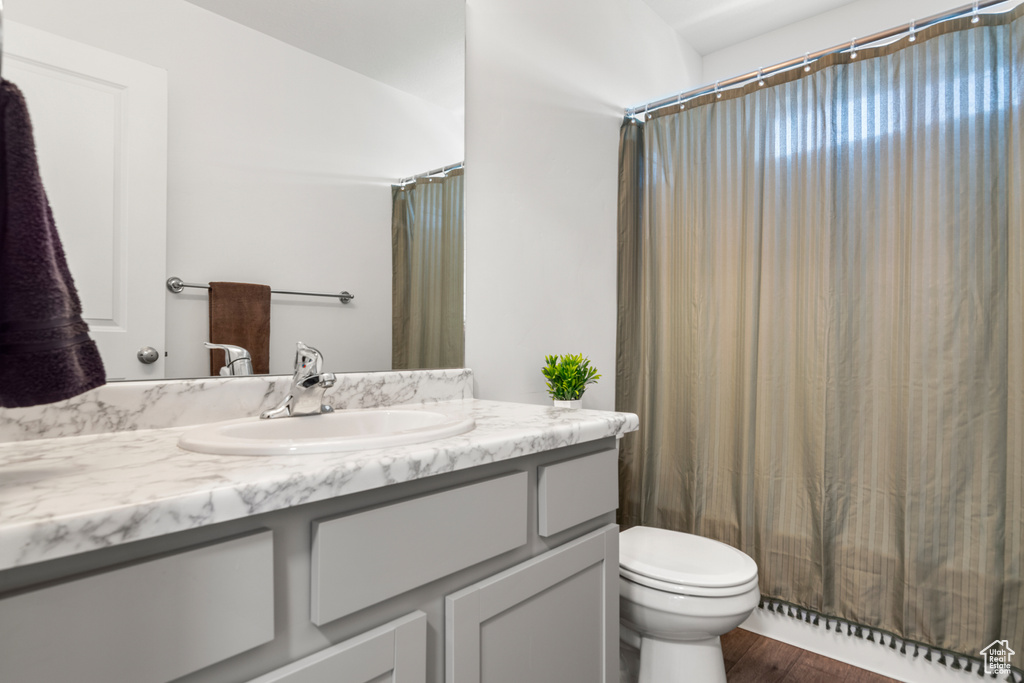 Bathroom featuring hardwood / wood-style floors, toilet, and large vanity