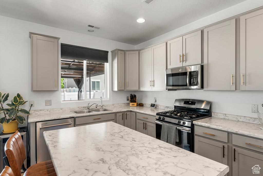 Kitchen with stainless steel appliances, gray cabinetry, sink, and light stone countertops