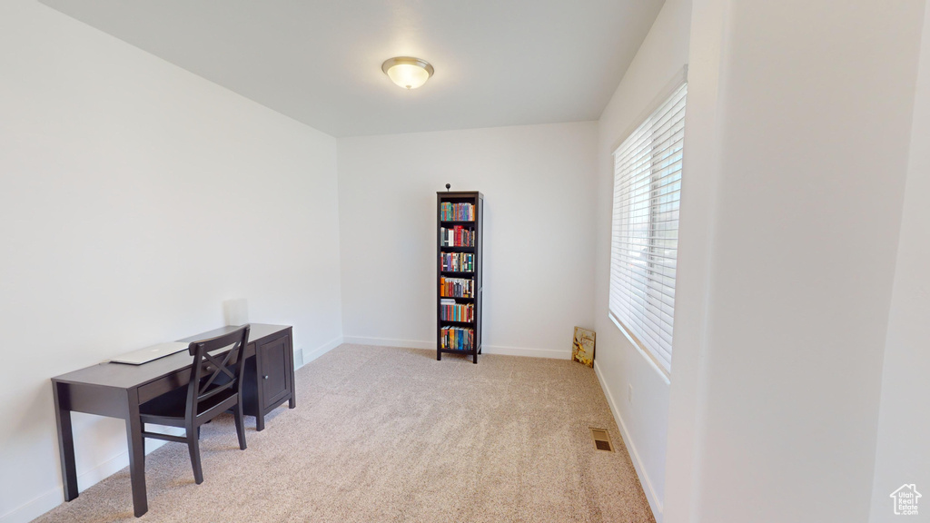 Office area featuring light carpet