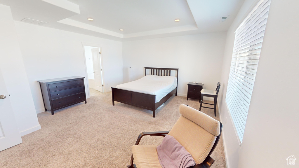 Bedroom featuring light carpet, a raised ceiling, and connected bathroom