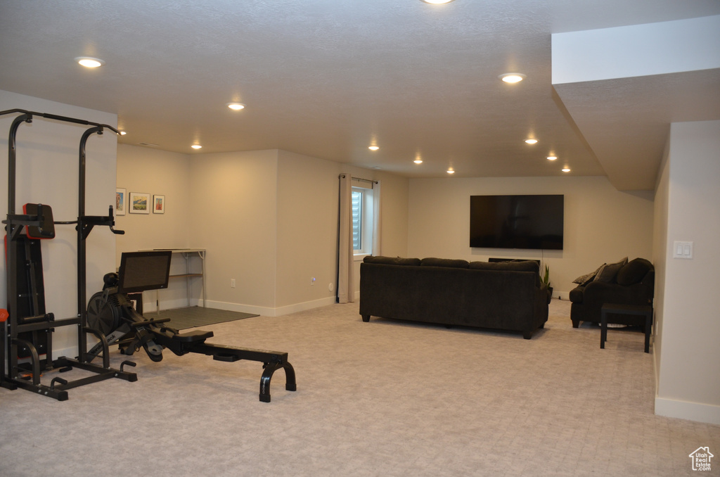 Workout room featuring light carpet