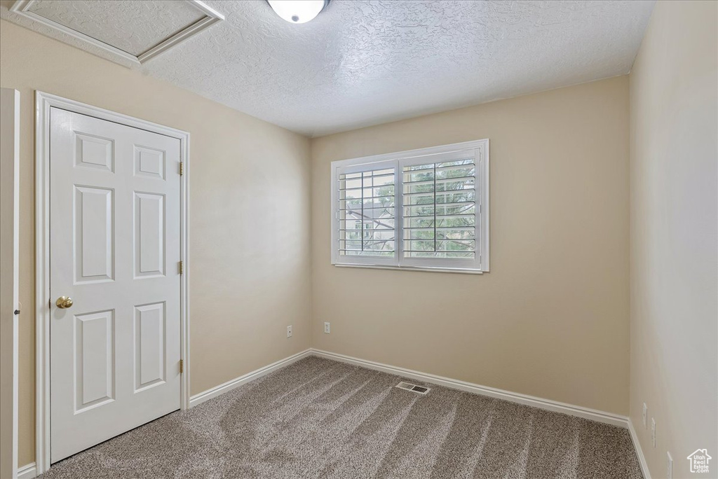 Carpeted spare room with a textured ceiling