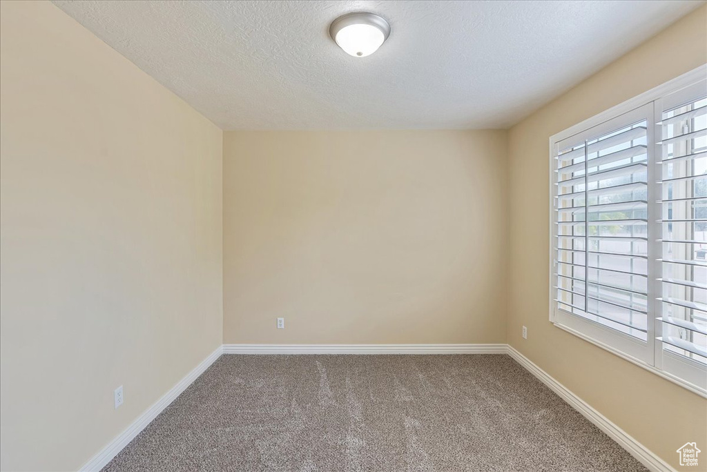 Empty room with carpet flooring and a textured ceiling