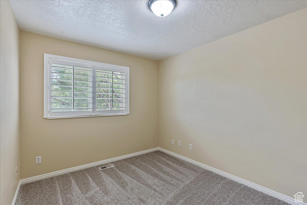 Carpeted spare room featuring a textured ceiling