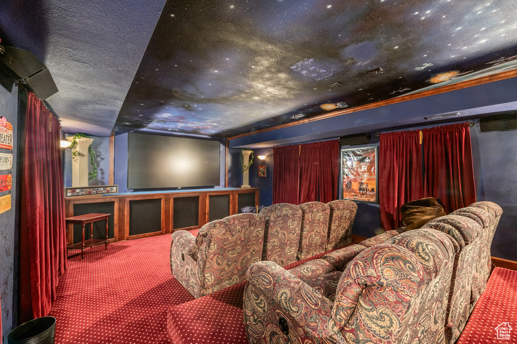 Home theater room featuring carpet flooring and a textured ceiling