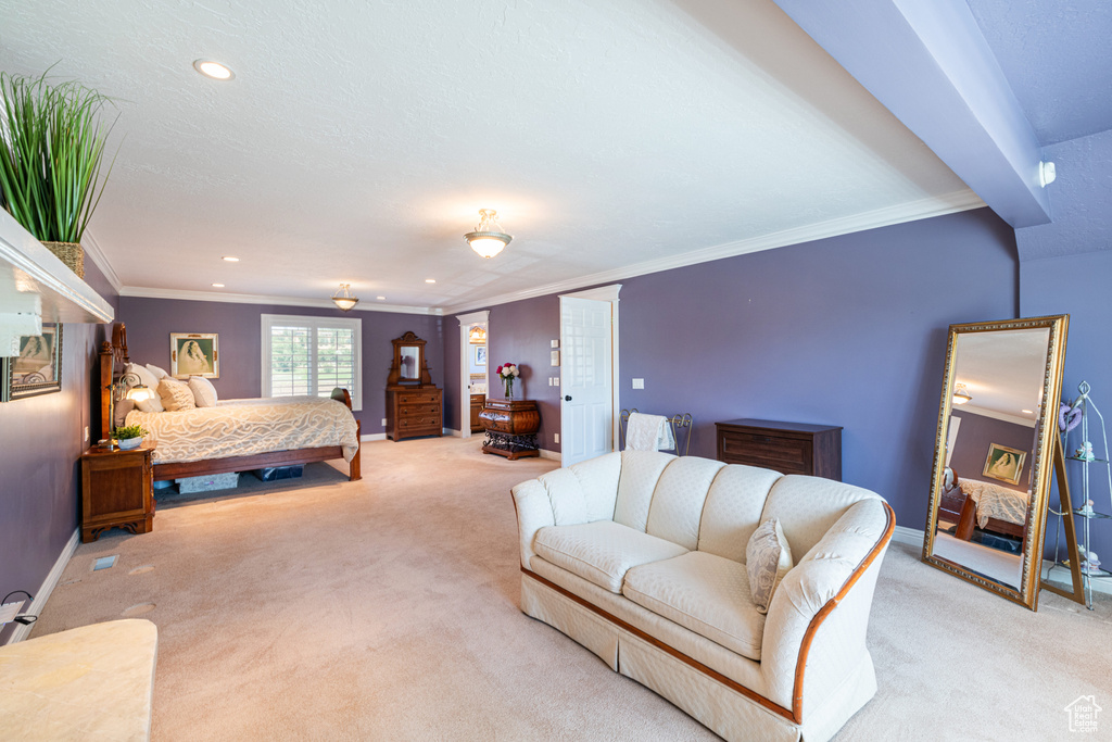 Carpeted bedroom featuring crown molding