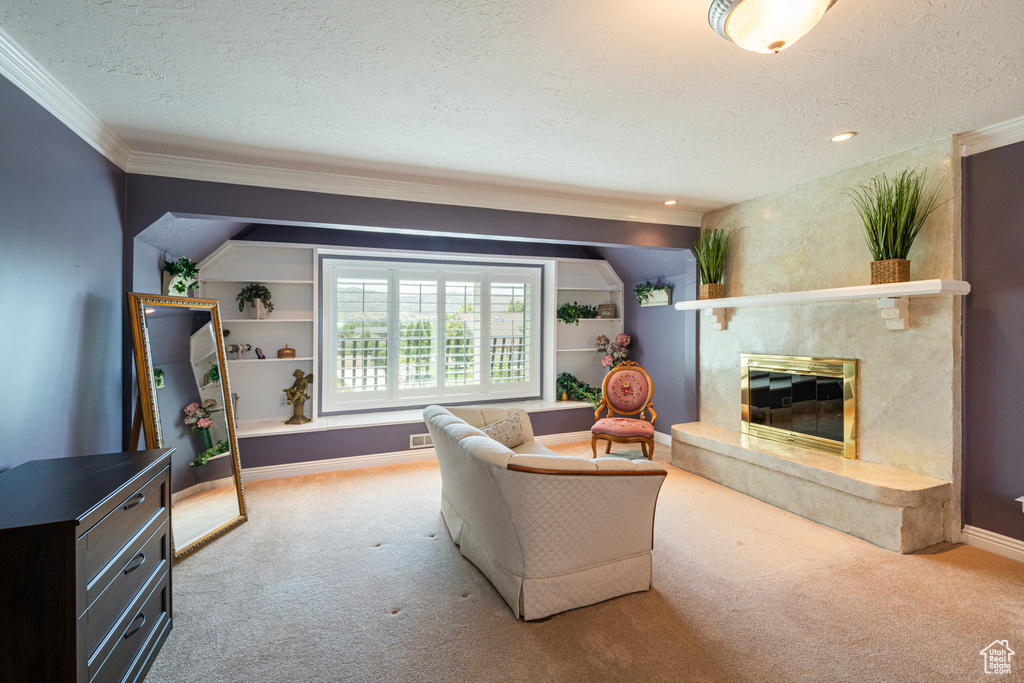 Carpeted living room with ornamental molding, a premium fireplace, and a textured ceiling