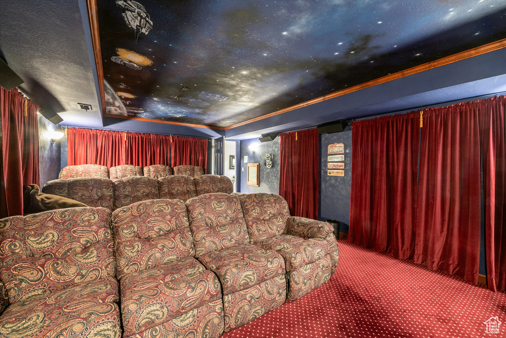 Home theater room with carpet flooring