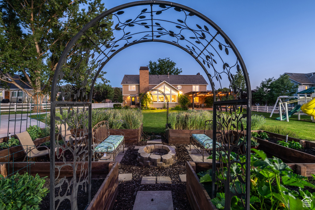 Exterior space with a playground