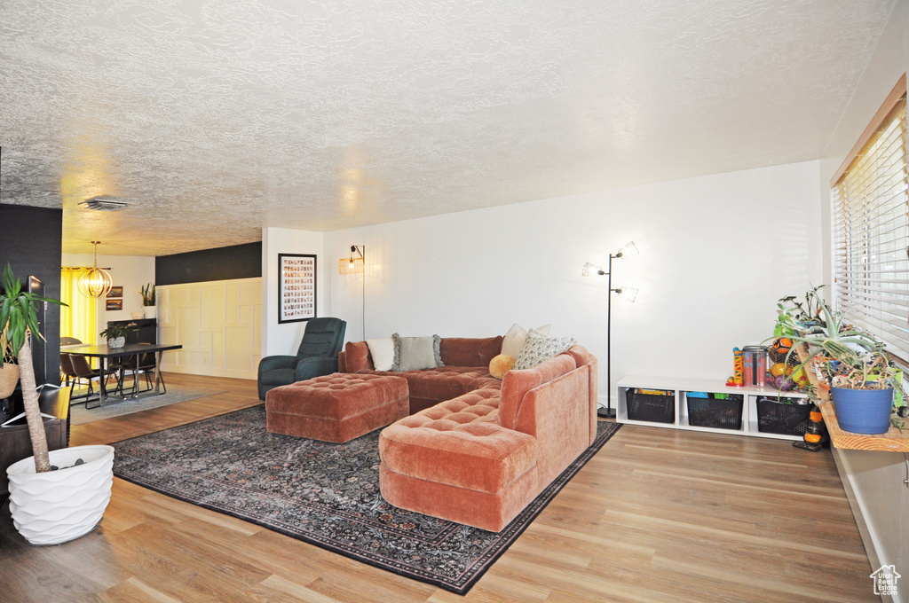 Living room featuring a textured ceiling and hardwood / wood-style flooring