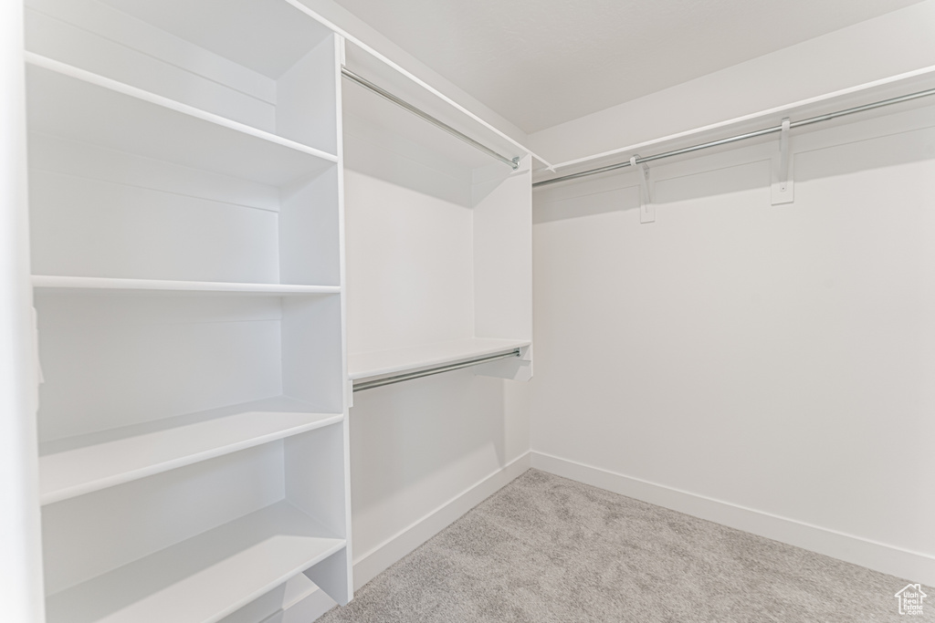 Walk in closet with light colored carpet