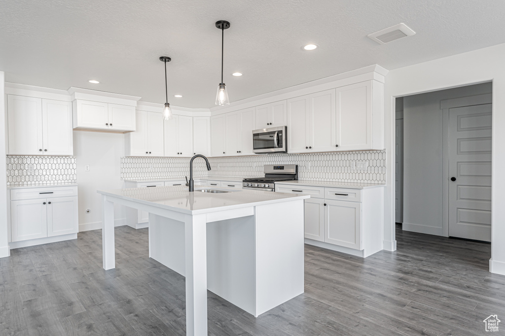 Kitchen featuring white cabinetry, sink, stainless steel appliances, and an island with sink