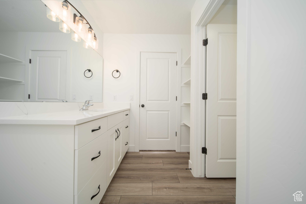 Bathroom featuring hardwood / wood-style flooring and vanity with extensive cabinet space