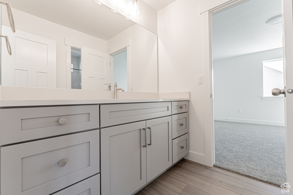 Bathroom with hardwood / wood-style flooring and vanity
