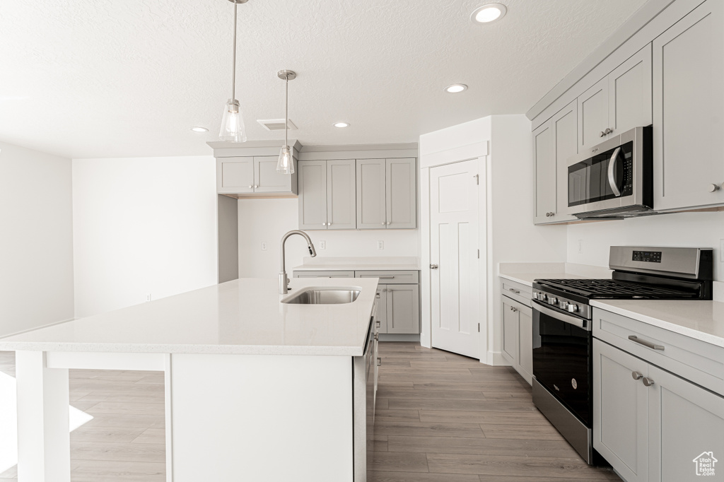 Kitchen featuring light wood-type flooring, stainless steel appliances, decorative light fixtures, sink, and a kitchen island with sink