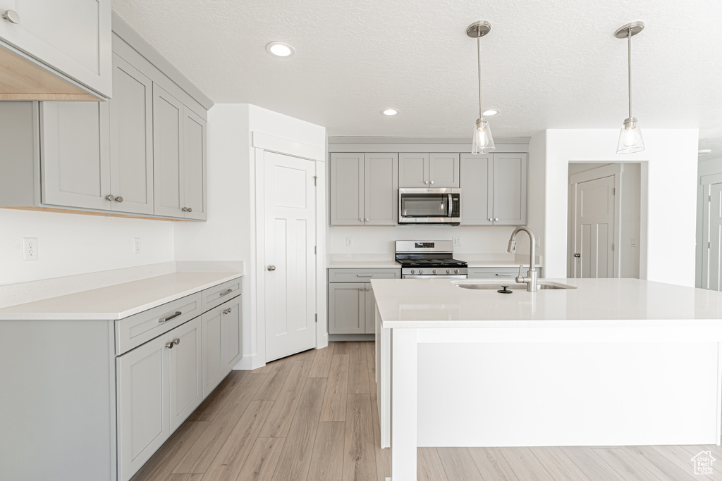 Kitchen with stainless steel appliances, light hardwood / wood-style flooring, sink, gray cabinets, and pendant lighting