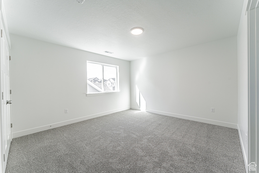 Empty room featuring carpet and a textured ceiling
