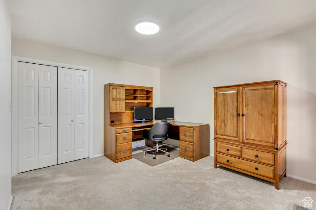 View of carpeted home office