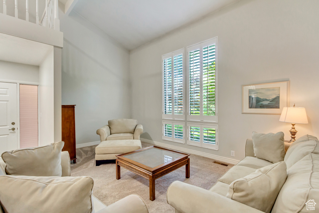 Carpeted living room featuring a towering ceiling