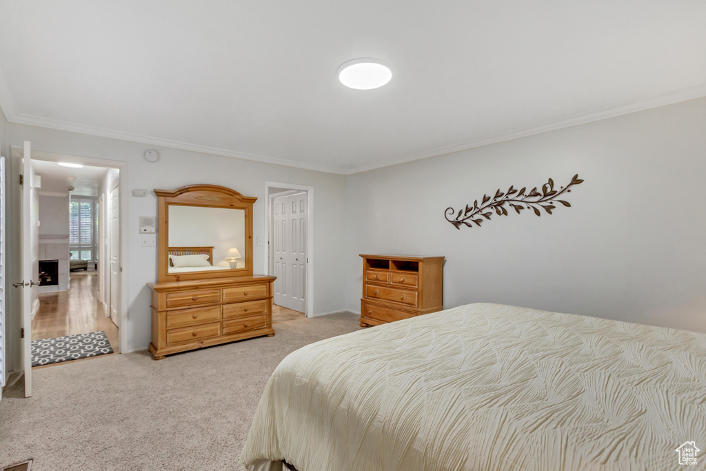 Carpeted bedroom featuring crown molding