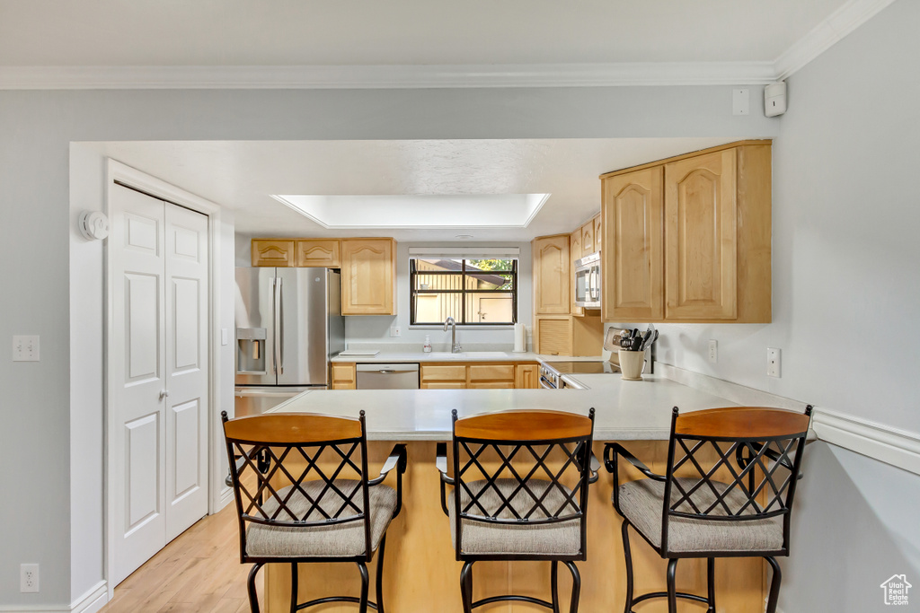 Kitchen with a kitchen breakfast bar, light wood-type flooring, kitchen peninsula, and stainless steel appliances