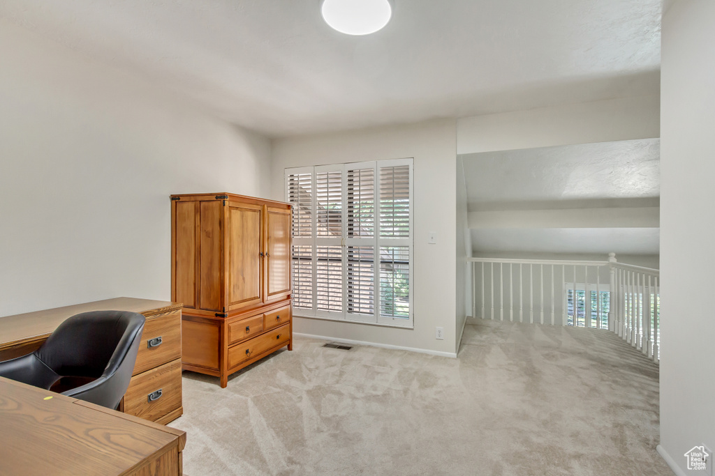 Office area featuring light carpet and plenty of natural light