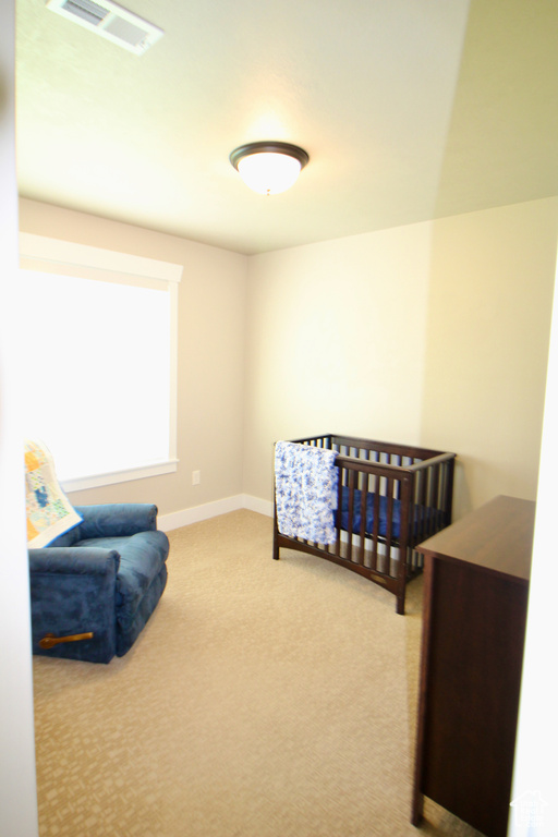 Carpeted bedroom featuring a nursery area