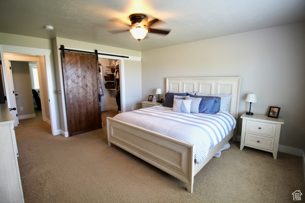 Carpeted bedroom with a closet, a barn door, ceiling fan, and a walk in closet