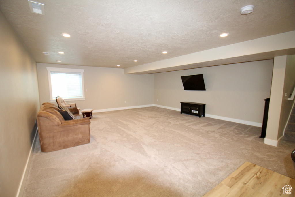 Interior space featuring carpet and a textured ceiling