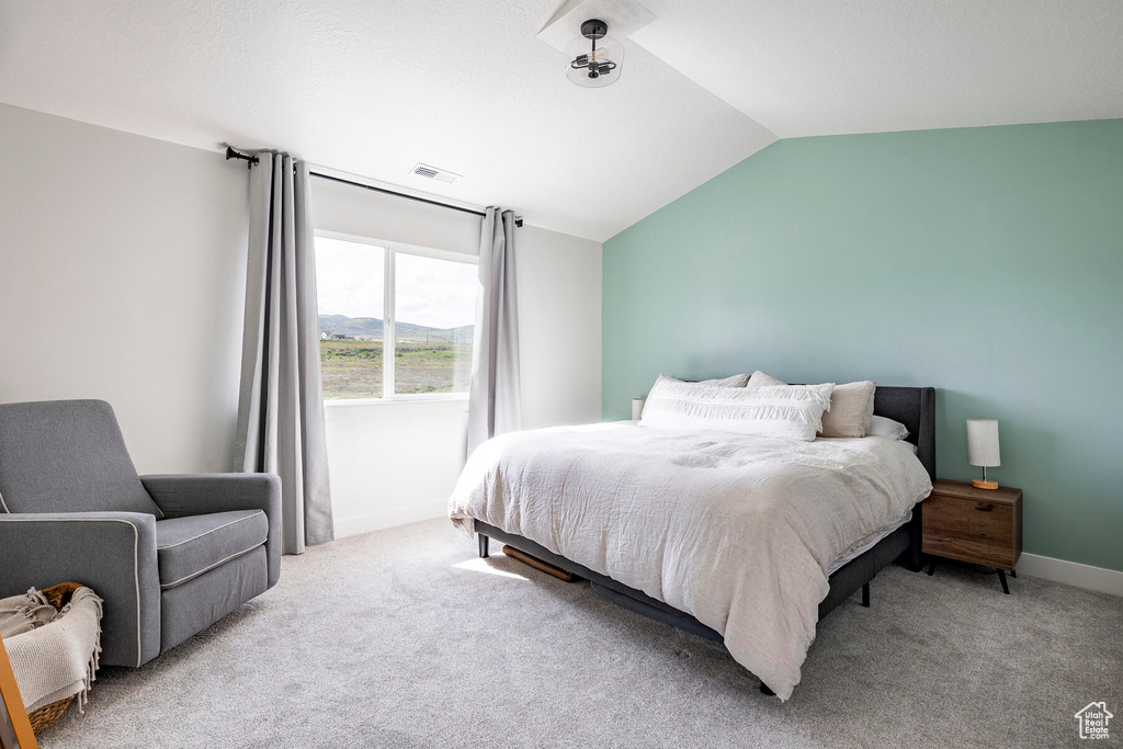 Bedroom with carpet flooring and vaulted ceiling