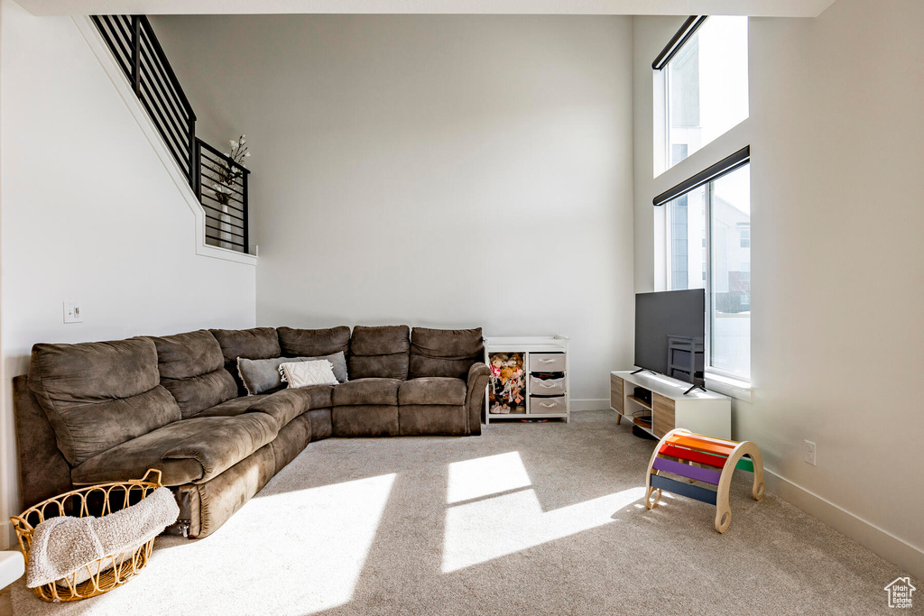 Living room featuring a high ceiling and carpet