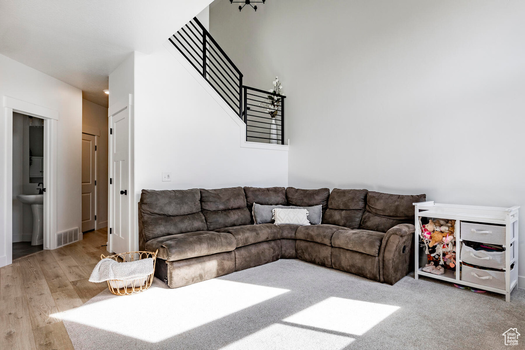 Living room with light hardwood / wood-style floors and sink