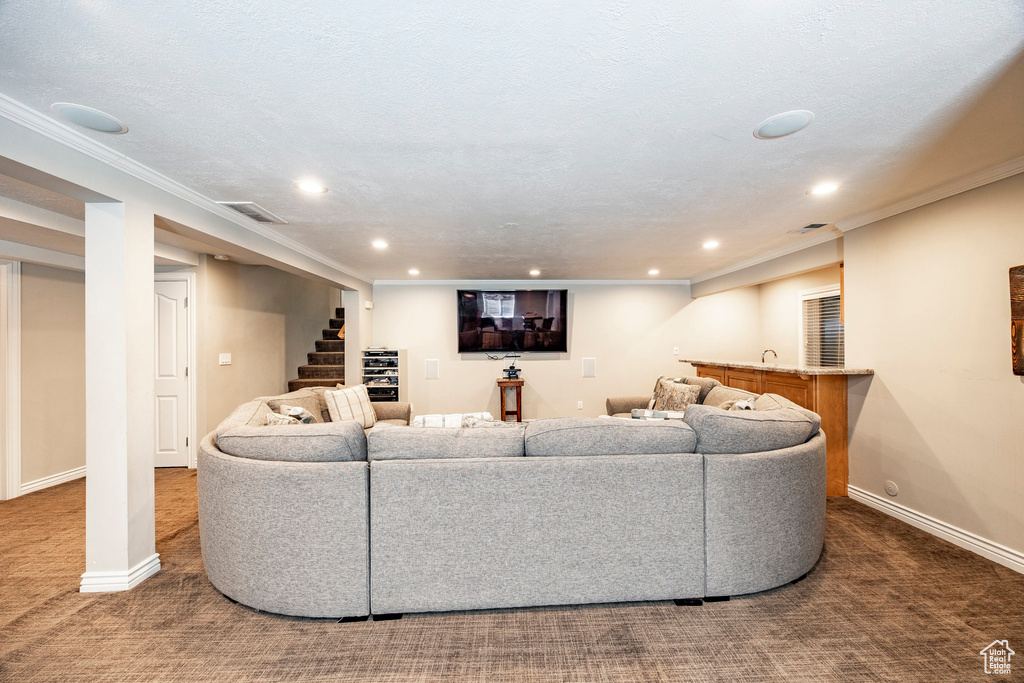 Living room with a textured ceiling, carpet floors, and crown molding