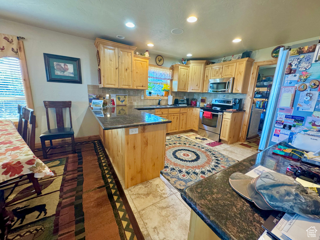 Kitchen featuring kitchen peninsula, appliances with stainless steel finishes, a healthy amount of sunlight, and tasteful backsplash