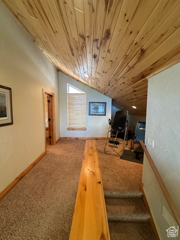 Stairs featuring carpet floors, lofted ceiling, and wood ceiling