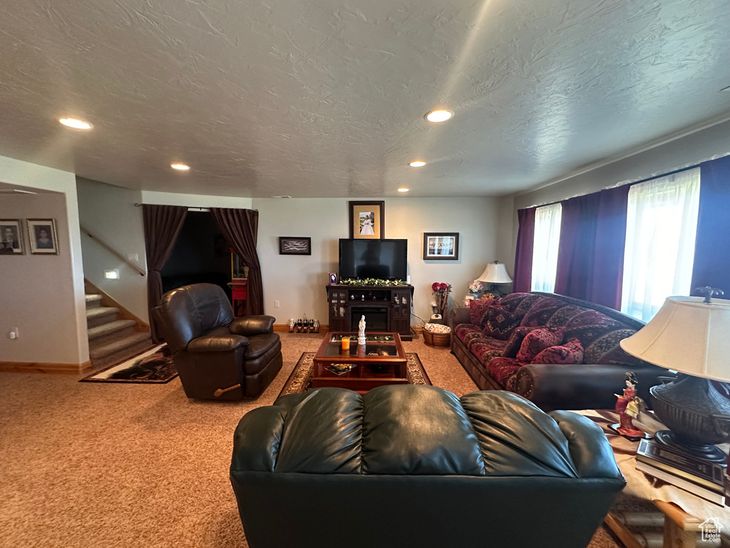 Carpeted living room featuring a textured ceiling