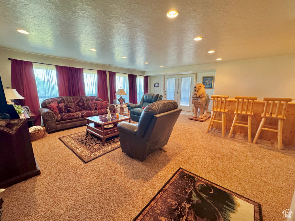 Living room with carpet floors, a textured ceiling, and french doors