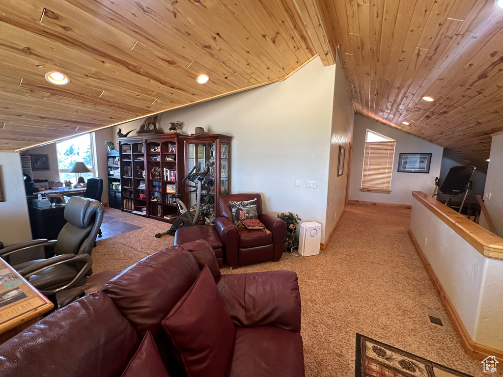 Living room featuring carpet flooring, wooden ceiling, and vaulted ceiling