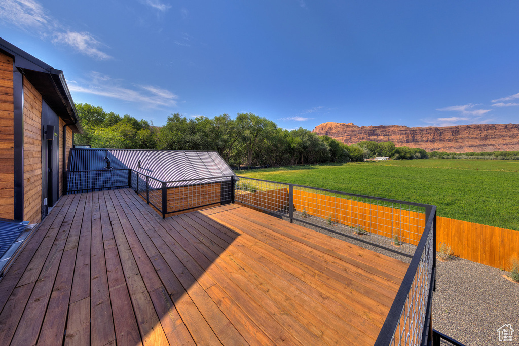 Wooden deck featuring a lawn